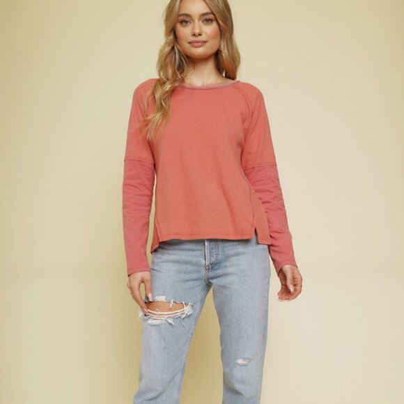 MYSTREE Waffle Knit Thermal Long Sleeve Top, Coral Pink, Casual Cozy Basic - Picture 3 of 7